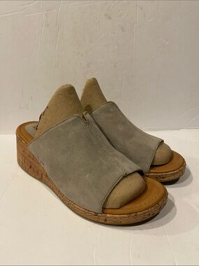 Born boc Gray/Green Leather Suede Slide Cork Wedge Sandals